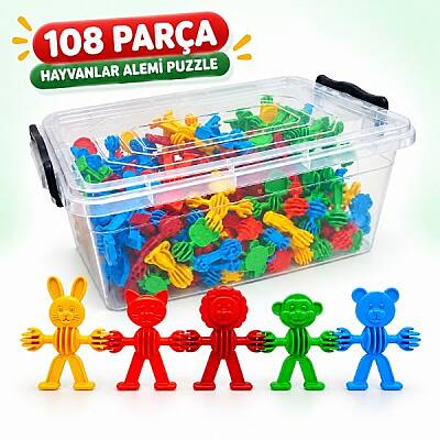 108 Parça Büyük Boy Hayvanlar Alemi Puzzle 6,30 cm Saklama Kutulu Eğitici Oyuncak - 1