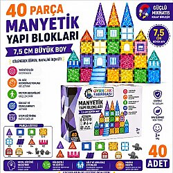 40 Parça 7,5 Cm Manyetik Yapı Blokları Büyük Boy 3D Eğitici STEM Oyuncak Seti - Vardem Oyuncak
