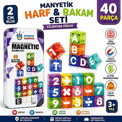 40 Parça Manyetik Harf ve Rakam Seti 2 Cm Metal Kutulu Eğitici Oyuncak (STEM) - 1