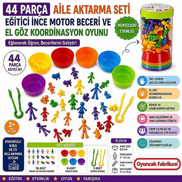 44 Parça Montessori Aile Aktarma Seti Eğitici İnce Motor Beceri El Göz Koordinasyon ve Dikkat Gelişim Oyunu