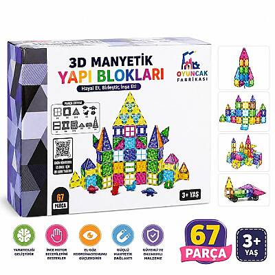 67 Parça Manyetik Yapı Blokları 3D Eğitici Oyuncak Seti Büyük Boy Renkli STEM Oyunu (3+ Yaş) - 1