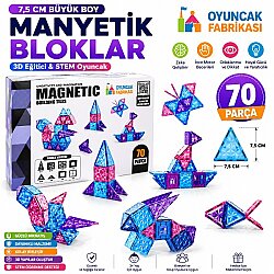 70 Parça Manyetik Yapı Blokları 7,5 Cm Büyük Boy 3D Eğitici Oyuncak Seti | STEM Zeka Geliştirici - Vardem Oyuncak