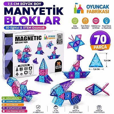 70 Parça Manyetik Yapı Blokları 7,5 Cm Büyük Boy 3D Eğitici Oyuncak Seti | STEM Zeka Geliştirici - 1