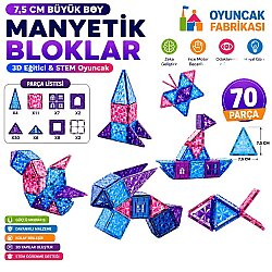 70 Parça Manyetik Yapı Blokları 7,5 Cm Büyük Boy 3D Eğitici Oyuncak Seti | STEM Zeka Geliştirici - 2