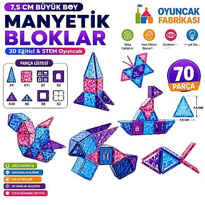70 Parça Manyetik Yapı Blokları 7,5 Cm Büyük Boy 3D Eğitici Oyuncak Seti | STEM Zeka Geliştirici - 2