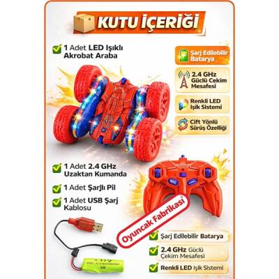 Akrobat Araba Uzaktan Kumandalı Full Fonksiyon Şarjlı Işıklı (16 Cm) 2.4 GHz Çift Yönlü - 2