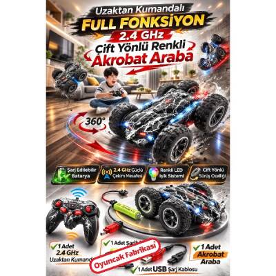 Akrobat Araba Uzaktan Kumandalı Full Fonksiyon Şarjlı Işıklı (16 Cm) 2.4 GHz Çift Yönlü - 3
