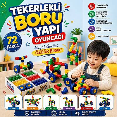 Boru Blok Seti 72 Parça Tekerlekli Yapı Oyuncak Eğitici STEM Zeka Geliştirici Boru Yapı Oyuncak - 1