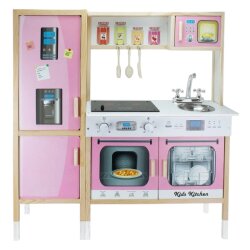 Büyük Boy Çocuk Ahşap Oyuncak Mutfak Seti Buzdolaplı Pembe Renk - Okutan Hobi