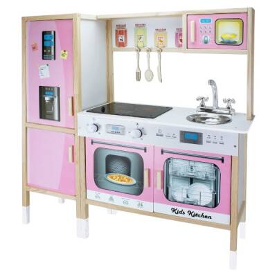 Büyük Boy Çocuk Ahşap Oyuncak Mutfak Seti Buzdolaplı Pembe Renk - 3