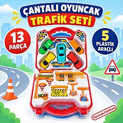 Çantalı Oyuncak Trafik Seti 13 Parça 5 Arabalı Trafik İşaretleri ve Aksesuarları - Eren Oyuncak