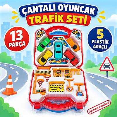 Çantalı Oyuncak Trafik Seti 13 Parça 5 Arabalı Trafik İşaretleri ve Aksesuarları - 1