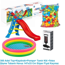 Dolu Büyük Su Kaydırağı +147 Cm Şişme Havuz+300 Havuz Topu+Pompa+T.Kiti - Dolu