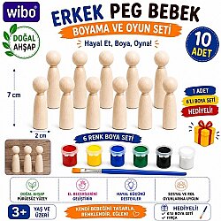 Erkek Peg Bebek 10 Adet Doğal Ahşap Boyama Figürü 7 cm 6 Renk Boya ve Fırça Hediyeli - OYUNCAK FABRİKASI