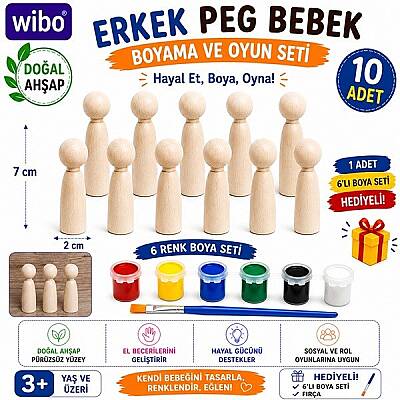 Erkek Peg Bebek 10 Adet Doğal Ahşap Boyama Figürü 7 cm 6 Renk Boya ve Fırça Hediyeli - 1