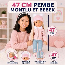 Et Bebek 47 cm Şık Kıyafetli Aksesuarlı Uzun Taranabilir Saçlı Gerçekçi Yüzlü Büyük Boy Bebek - Sunman