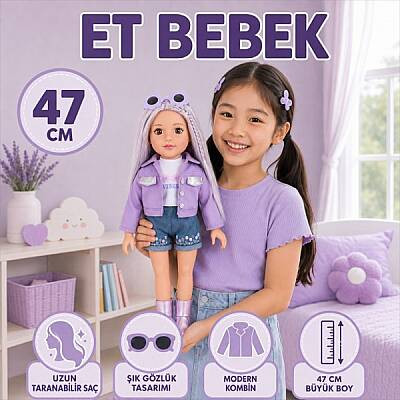 Et Bebek 47 cm Şık Kıyafetli Aksesuarlı Uzun Taranabilir Saçlı Gerçekçi Yüzlü Büyük Boy Bebek - 3