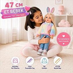 Et Bebek 47 cm Şık Kıyafetli Aksesuarlı Uzun Taranabilir Saçlı Gerçekçi Yüzlü Büyük Boy Bebek - 5