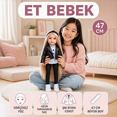 Et Bebek 47 cm Şık Kıyafetli Aksesuarlı Uzun Taranabilir Saçlı Gerçekçi Yüzlü Büyük Boy Bebek - 6