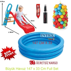 intex Büyük Kaydırak ve İntex Şişme Büyük Mavi Havuz+100 Adet Top+Pompa+Tamir Kiti - İntex