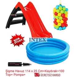 İntex Kaydıraklı Oyun Seti Şişme Mavi Havuz + 100'lü Oyun Havuz Topu+ Pompa Hediyeli - İntex