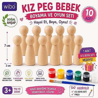 Kız Peg Bebek 10 Adet Doğal Ahşap Boyama Figürü 7 cm 6 Renk Boya ve Fırça Hediyeli - 1