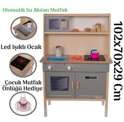 Led'li ve Musluktan Su Akıtan Büyük Ahşap Oyuncak Mutfak Seti 102x70x29 Cm - Okutan Hobi