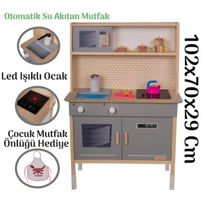 Led'li ve Musluktan Su Akıtan Büyük Ahşap Oyuncak Mutfak Seti 102x70x29 Cm - 1