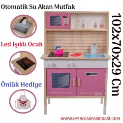 Led'li ve Musluktan Su Akıtan Büyük Ahşap Oyuncak Mutfak Seti-Pembe 102x70x29 Cm - Okutan Hobi