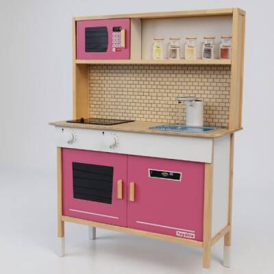 Led'li ve Musluktan Su Akıtan Büyük Ahşap Oyuncak Mutfak Seti-Pembe 102x70x29 Cm - 3