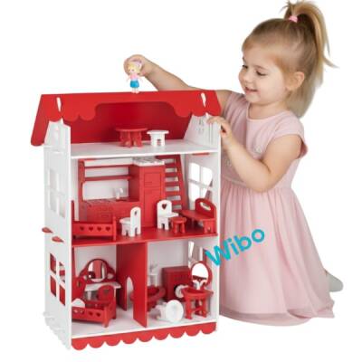 Wibo Lüks 3 Katlı Ahşap Oyuncak Bebek Evi 32 Parça | Doğal Ahşap | Mobilyalı Çocuk Oyun Seti - 2