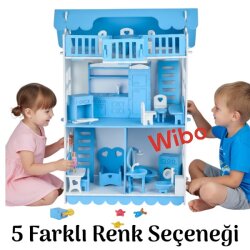 Wibo Lüks 3 Katlı Ahşap Oyuncak Bebek Evi 32 Parça | Doğal Ahşap | Mobilyalı Çocuk Oyun Seti - WİBO