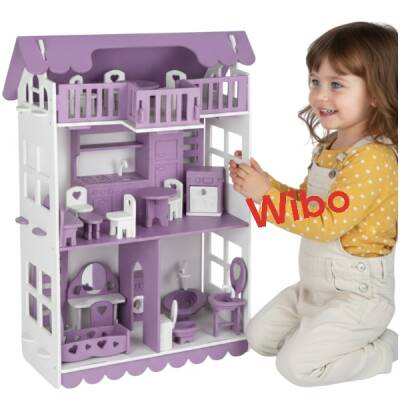 Wibo Lüks 3 Katlı Ahşap Oyuncak Bebek Evi 32 Parça | Doğal Ahşap | Mobilyalı Çocuk Oyun Seti - 6