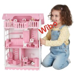 Wibo Lüks 3 Katlı Ahşap Oyuncak Bebek Evi 32 Parça | Doğal Ahşap | Mobilyalı Çocuk Oyun Seti - 7