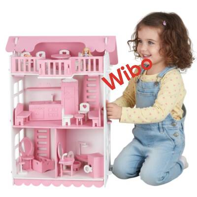 Wibo Lüks 3 Katlı Ahşap Oyuncak Bebek Evi 32 Parça | Doğal Ahşap | Mobilyalı Çocuk Oyun Seti - 7