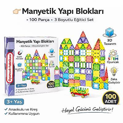 Manyetik Yapı Blokları 100 Parça 7,5 Cm Büyük Boy 3D Eğitici STEM Oyuncak Seti - 1