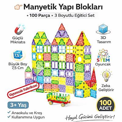 Manyetik Yapı Blokları 100 Parça 7,5 Cm Büyük Boy 3D Eğitici STEM Oyuncak Seti - 2