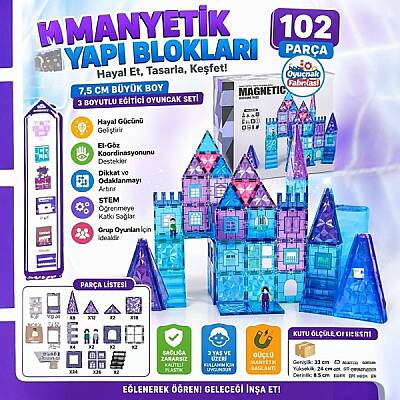 Manyetik Yapı Blokları 102 Parça 7,5 Cm Büyük Boy 3 Boyutlu STEM Eğitici Oyuncak Seti - 1