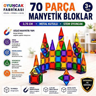 Manyetik Yapı Blokları 70 Parça 3,75 Cm Metal Saklama Kutulu Eğitici STEM Oyuncak - 2
