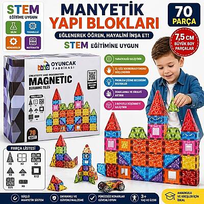 Manyetik Yapı Blokları 70 Parça 7,5 Cm Büyük Boy 3D STEM Eğitici Oyuncak Seti - 1