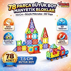 Manyetik Yapı Blokları 78 Parça 7,5 Cm Büyük Boy 3D Eğitici STEM Oyuncak Seti - Vardem Oyuncak