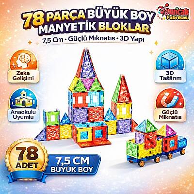Manyetik Yapı Blokları 78 Parça 7,5 Cm Büyük Boy 3D Eğitici STEM Oyuncak Seti - 1