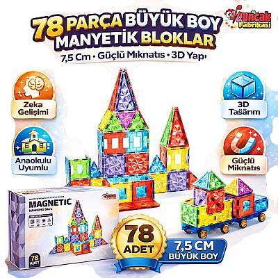 Manyetik Yapı Blokları 78 Parça 7,5 Cm Büyük Boy 3D Eğitici STEM Oyuncak Seti - 2