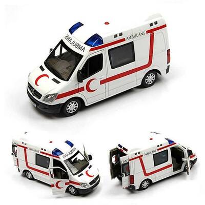 Metal Çekbırak Mercedes-Benz Işıklı Sesli 1:32 Oyuncak Ambulans Arabası - 1