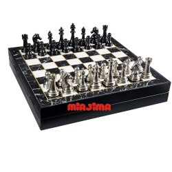 Miajima Ahşap Mermer Desenli Satranç Takımı Metal Siyah-Gümüş Satranç Taşlı El Yapımı Satranç Takımı 36x36 Cm - Miajima
