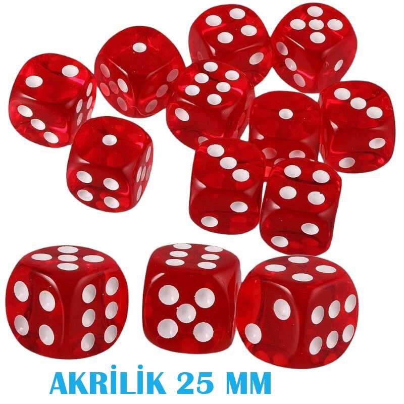 Miajima Büyük Boy Casino Okey Zarı Akrilik Kırmızı Şeffaf 25 Mm-2 Adet