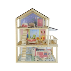 Oyuncak Ahşap Ev Doğal Ağaç 3 Katlı Teraslı Bebek Evi - Okutan Hobi