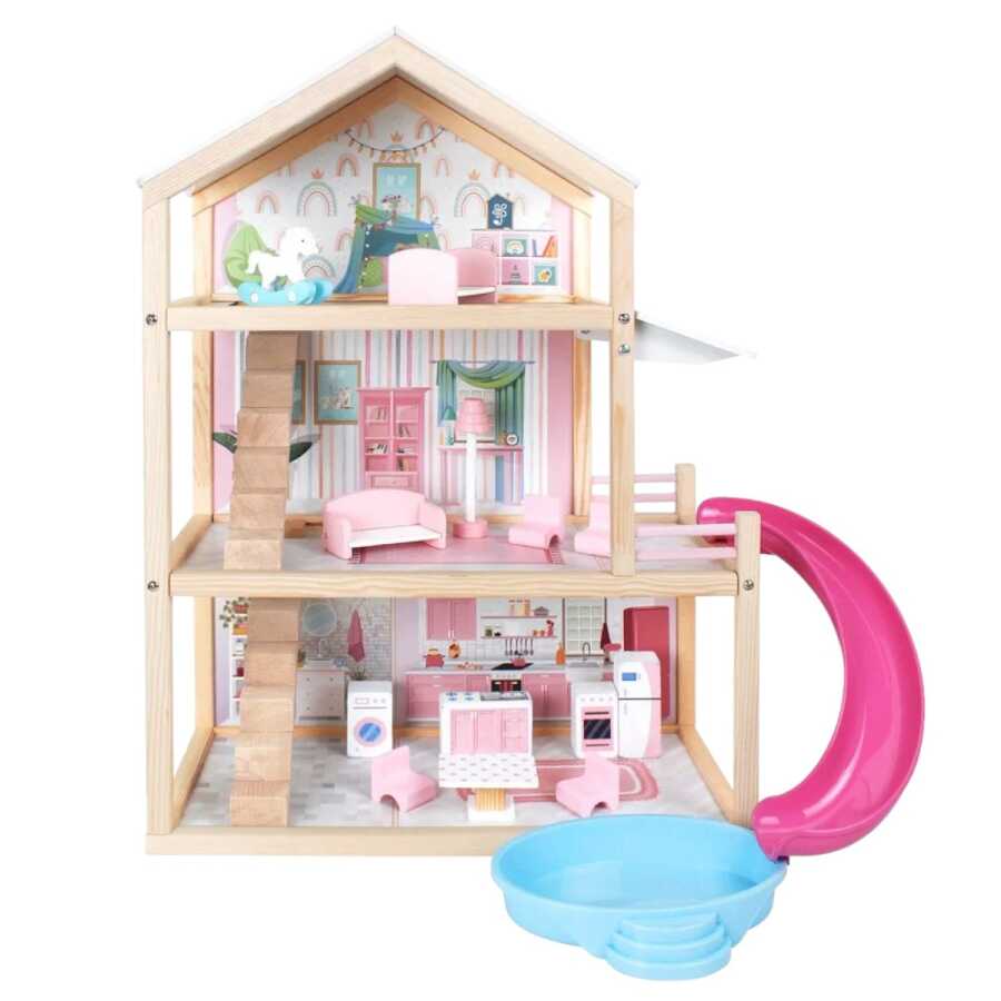 Oyuncak Ahşap Kaydıraklı Havuzlu Ev 3 Katlı Bebek Ahşap Oyun Evi