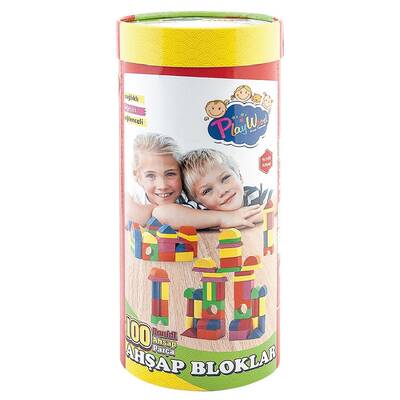 Play Wood Eğitici 100 Parça Renkli Ahşap Bloklar Silindir Kutuda - 1