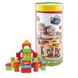 Play Wood Eğitici 100 Parça Renkli Ahşap Bloklar Silindir Kutuda - 1